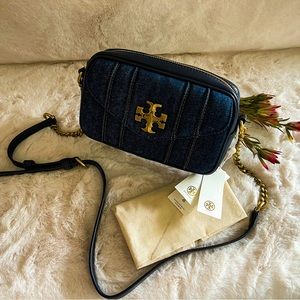 BNWT - TORY BURCH - Navy Denim Kira Leather-Trim Satchel